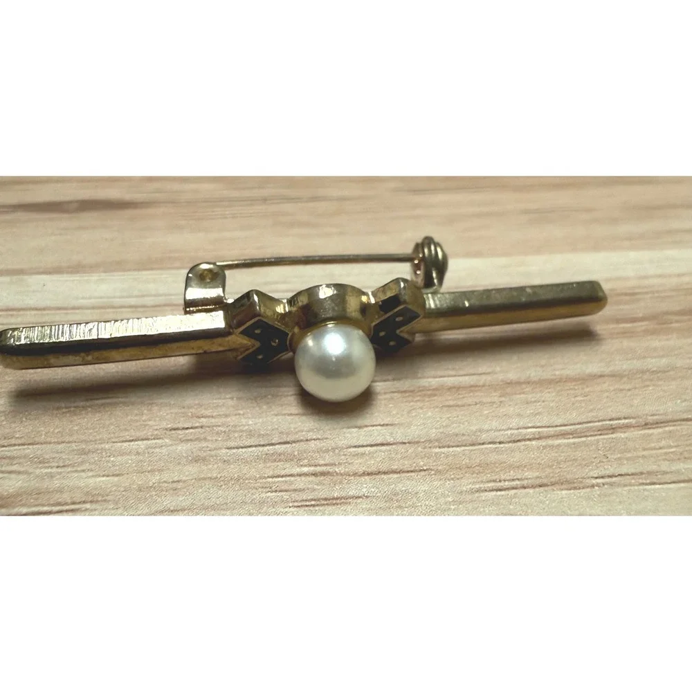 Vintage Gold Tone Tie Clip Bar Black Enamel Cross Design Faux Pearl‎ Mid-Century